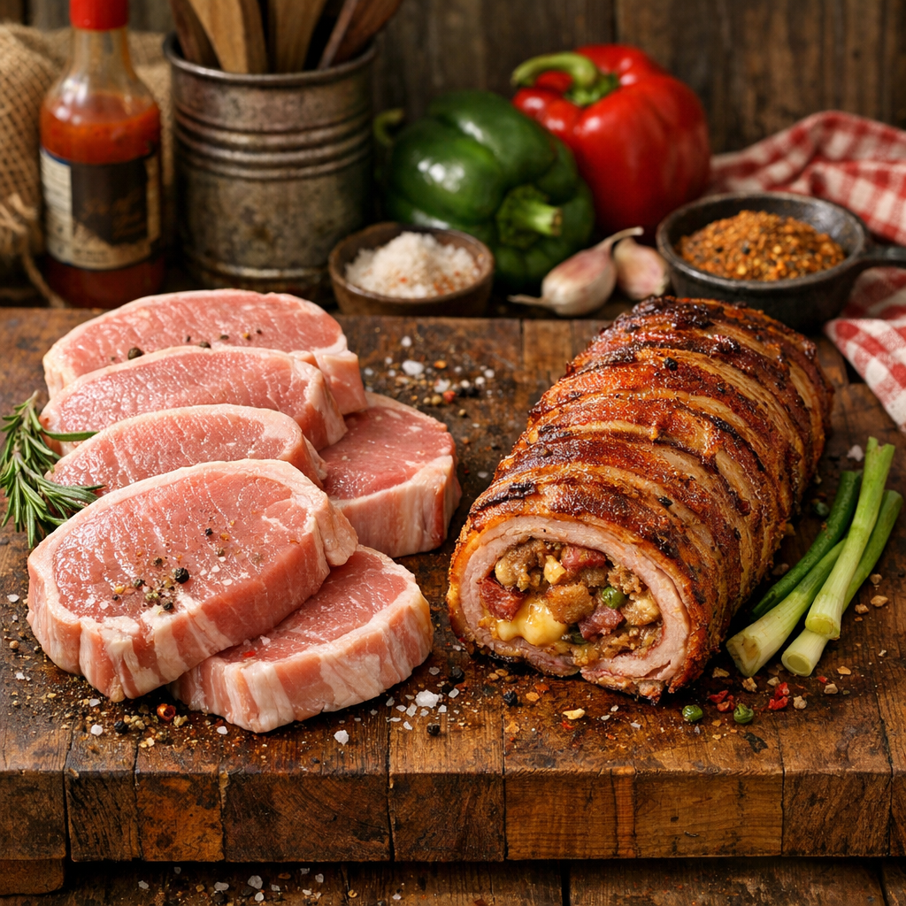 Premium Fresh Pork Chops and Bacon Bomb